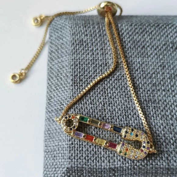 Gold CZ Safety Pin Adjustable Slider Bracelet - Picture 3 of 3